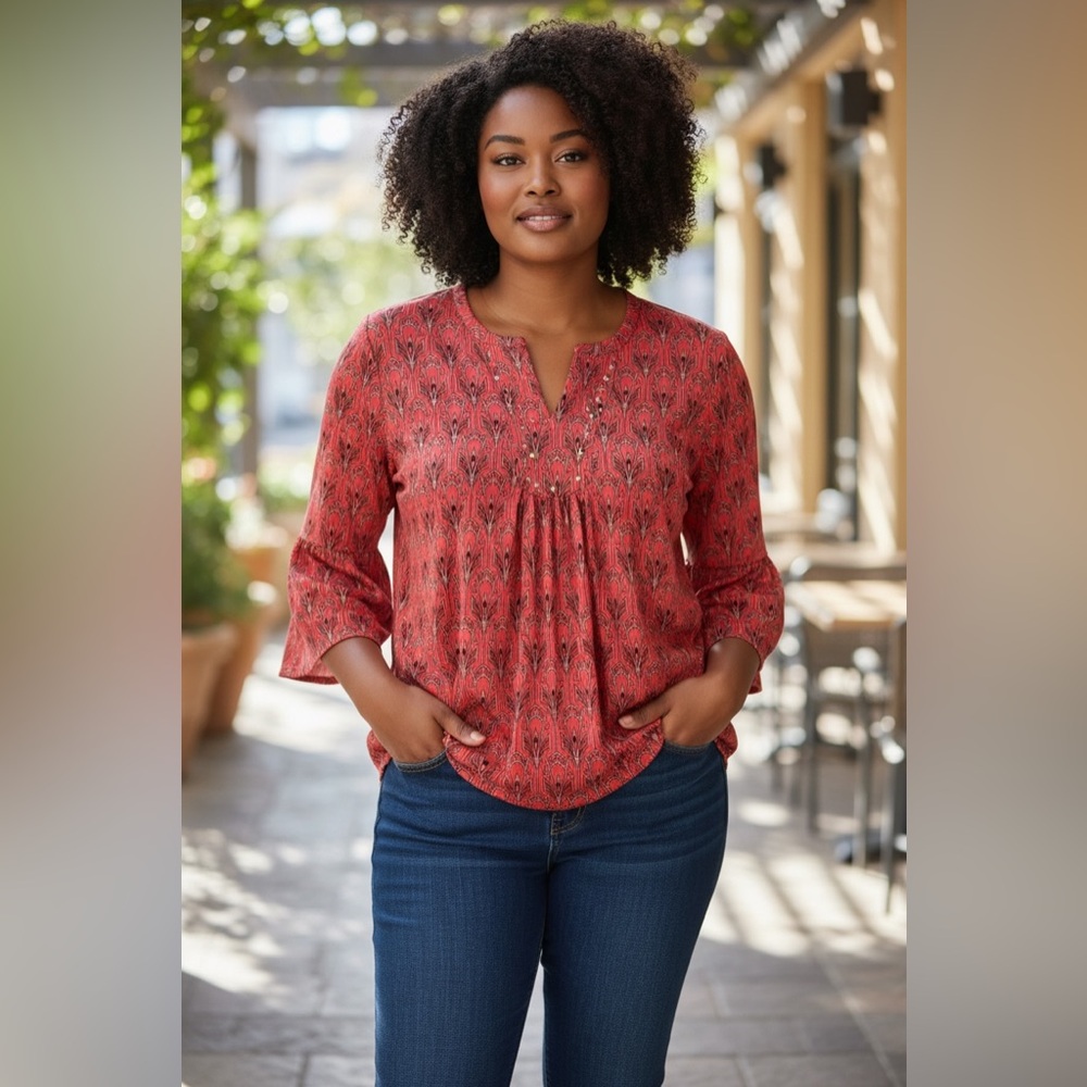 Rafaella Womens Red, Black and Tan Blouse 2x